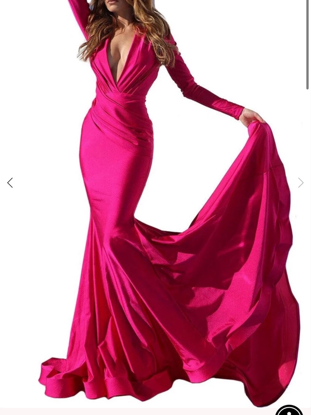 Hot Pink Deep V Long Sleeve Satin Mermaid Gown